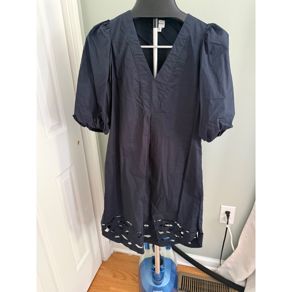 ForCynthia Black Cotton Puff Sleeve Babydoll Mini Dress Eyelet Hem Coastal S
